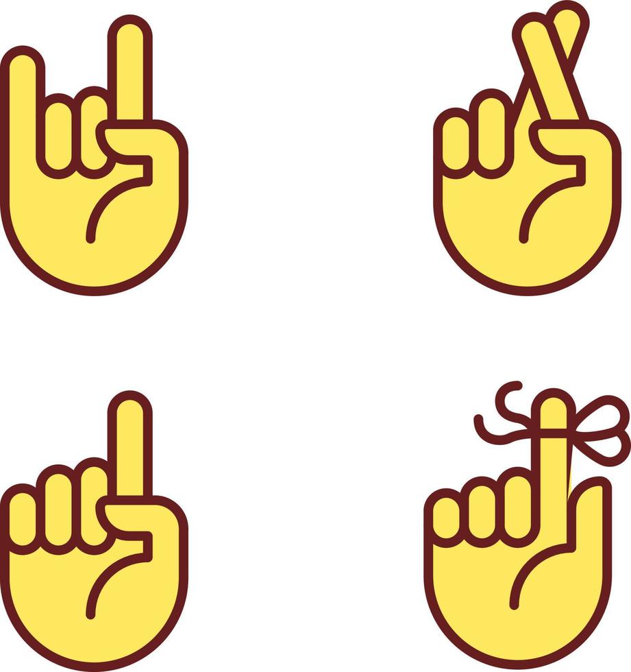 Informative hand gestures pixel perfect RGB color icons set. Non verbal message. Body language signals. Isolated vector illustrations. Simple filled line drawings collection. Editable stroke