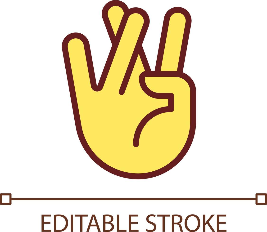 Praying for good luck pixel perfect RGB color icon. Crossed ring and middle fingers. Hand gesture. Isolated vector illustration. Simple filled line drawing. Editable stroke