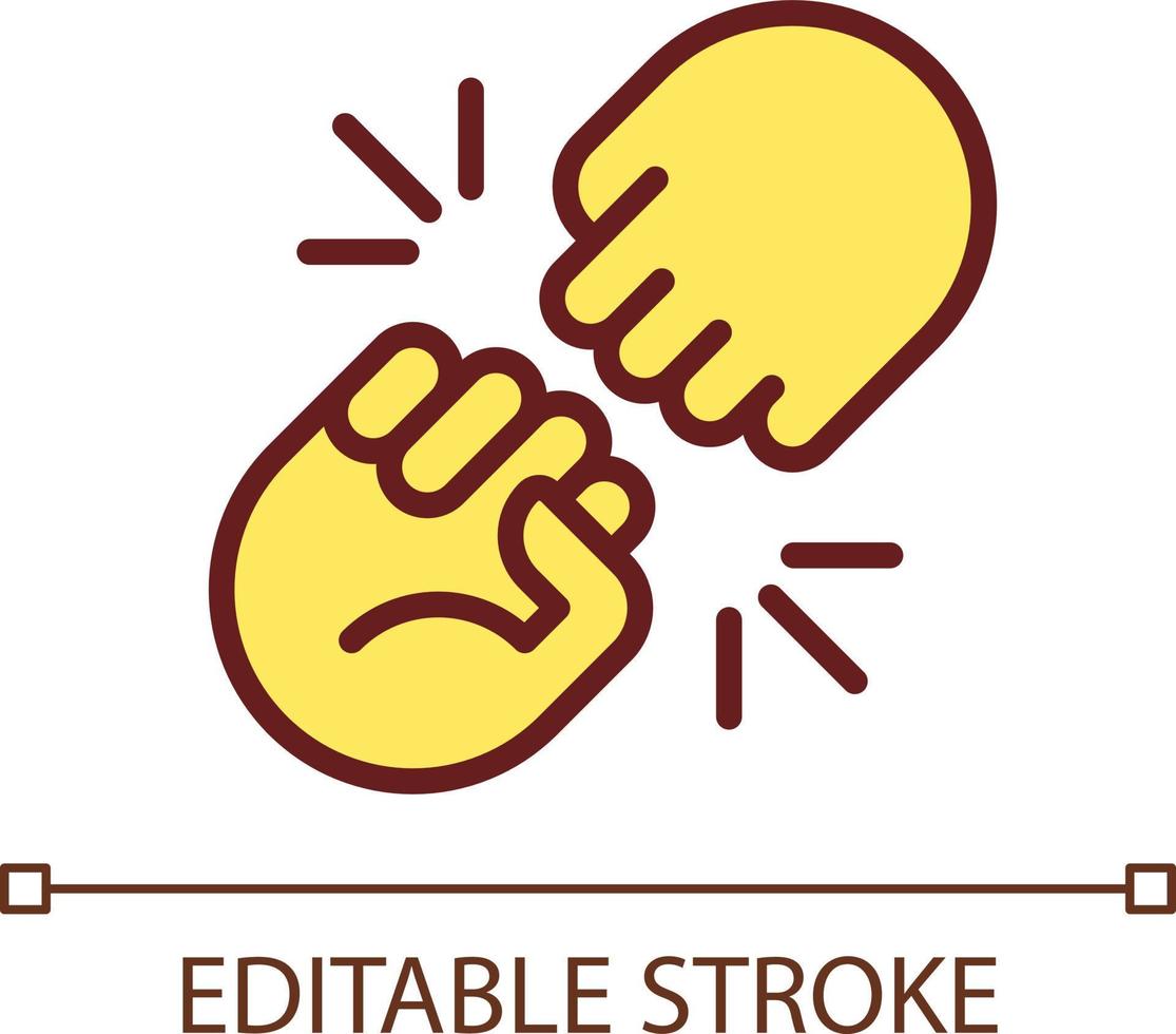 Fist bump pixel perfect RGB color icon. Funny greeting gesture. Communication. Body language. Isolated vector illustration. Simple filled line drawing. Editable stroke