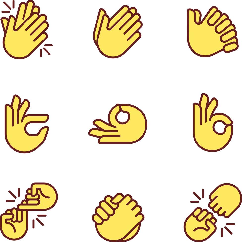 Gestures and communication pixel perfect RGB color icons set. Non verbal signals. Body expression. Isolated vector illustrations. Simple filled line drawings collection. Editable stroke