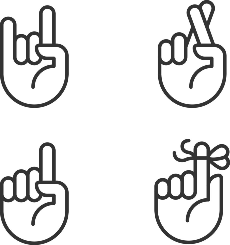 Informative hand gestures pixel perfect linear icons set. Non verbal message. Body language signals. Customizable thin line symbols. Isolated vector outline illustrations. Editable stroke