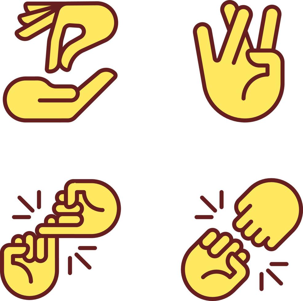 Using gestures for communication pixel perfect RGB color icons set. Interaction and expression. Hands position. Isolated vector illustrations. Simple filled line drawings collection. Editable stroke