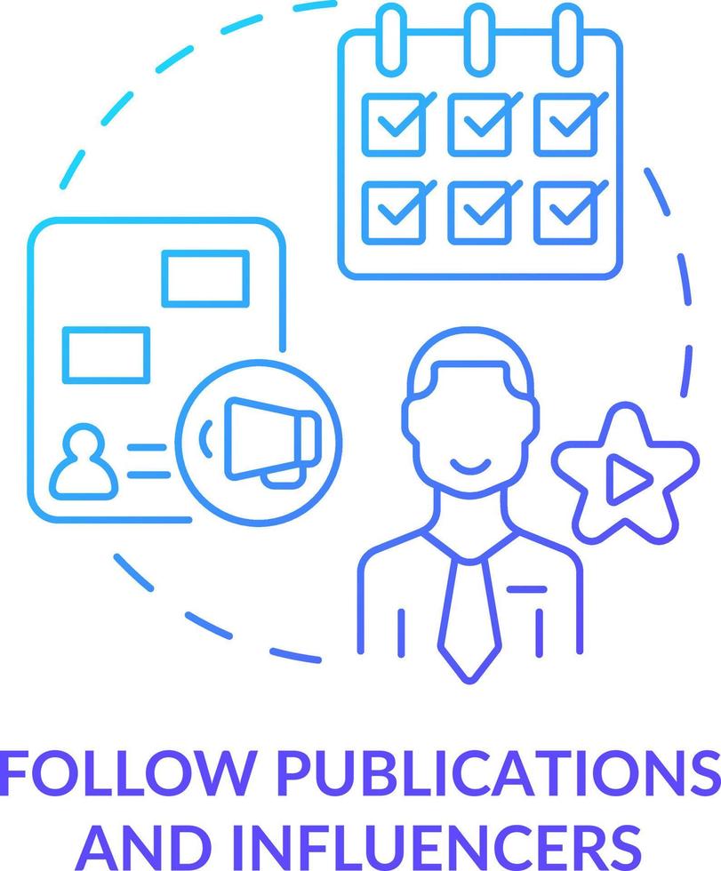 Follow publications and influencers blue gradient concept icon. Collect information. Way to identify trends abstract idea thin line illustration. Isolated outline drawing vector