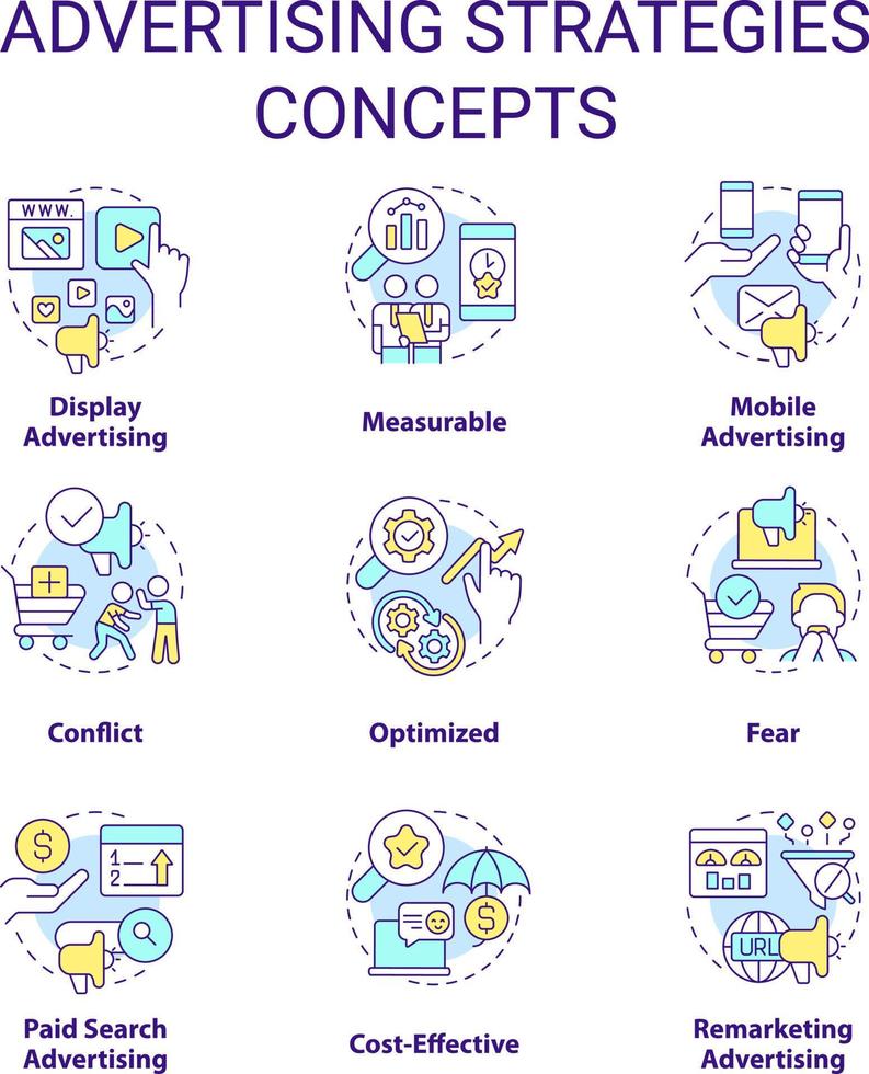 Advertising strategies concept icons set. Marketing campaign idea thin line color illustrations. Mobile and display ads. Isolated symbols. Editable stroke vector