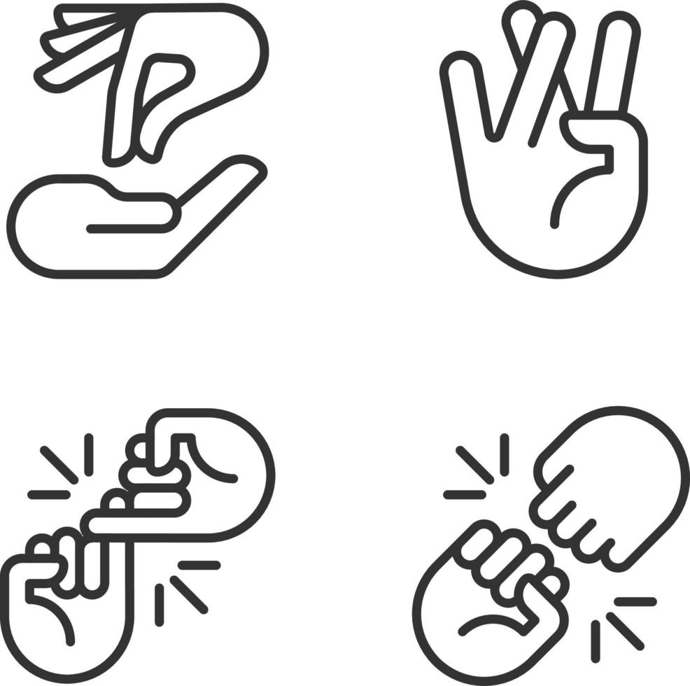 Using gestures for communication pixel perfect linear icons set. Interaction and expression. Hands position. Customizable thin line symbols. Isolated vector outline illustrations. Editable stroke