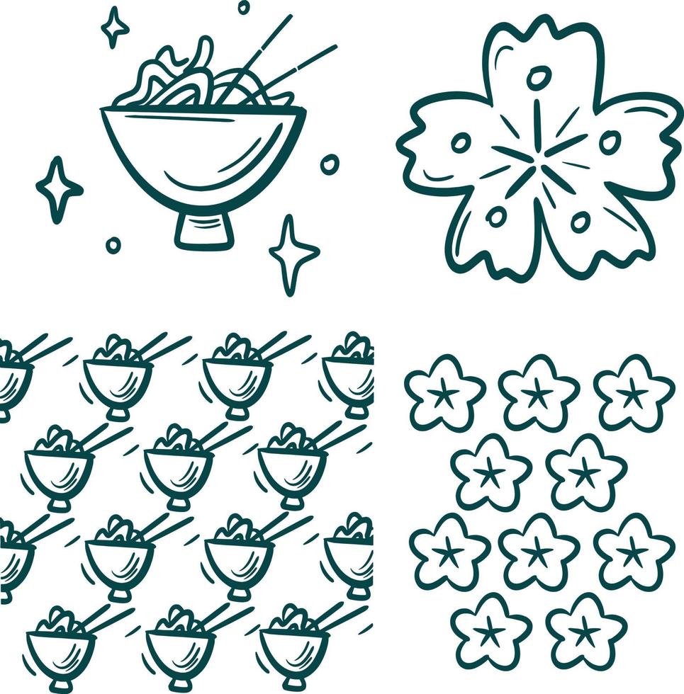 Asian food Collection clip art. Ramen and sakura pattern vector