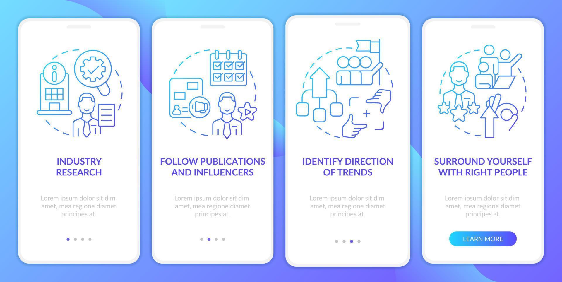 How to identify trends blue gradient onboarding mobile app screen. Management walkthrough 4 steps graphic instructions with linear concepts. UI, UX, GUI template vector