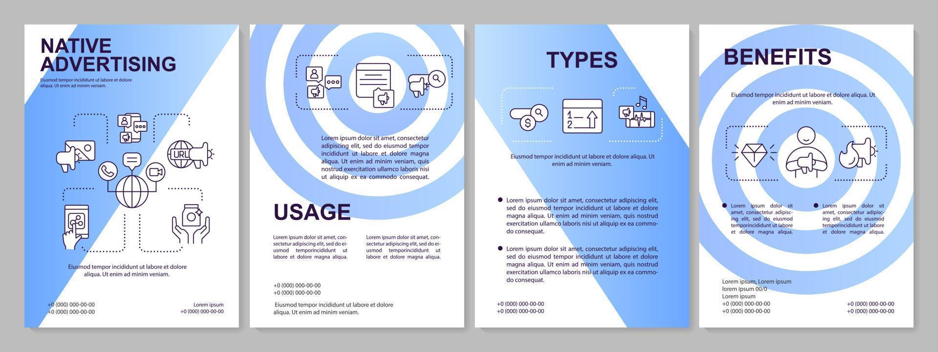 Native advertising tactic blue gradient brochure template. Aesthetic ads. Leaflet design with linear icons. 4 vector layouts for presentation, annual reports