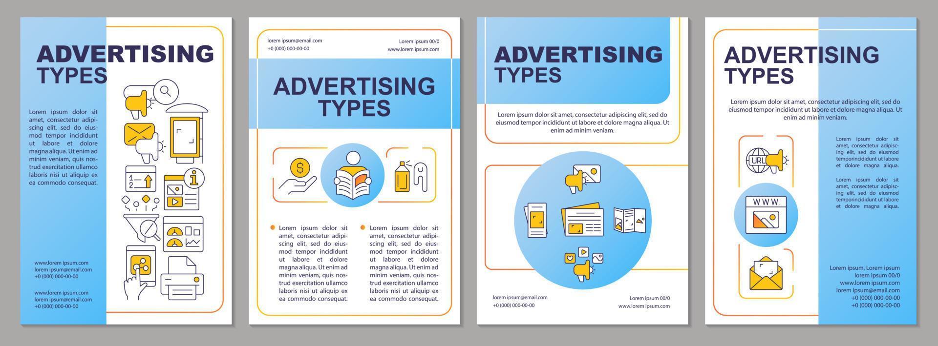 Advertising media channels blue brochure template. Content marketing. Leaflet design with linear icons. Editable 4 vector layouts for presentation, annual reports