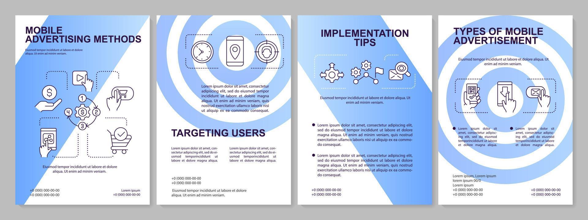 Mobile advertising methods blue gradient brochure template. Targeting users. Leaflet design with linear icons. 4 vector layouts for presentation, annual reports