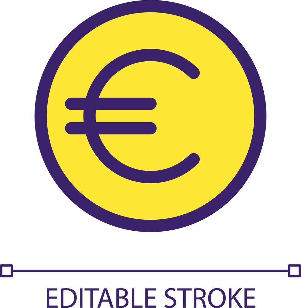 Euro coin pixel perfect RGB color ui icon. Currency and money. Golden euro cent. Simple filled line element. GUI, UX design for mobile app. Vector isolated pictogram. Editable stroke