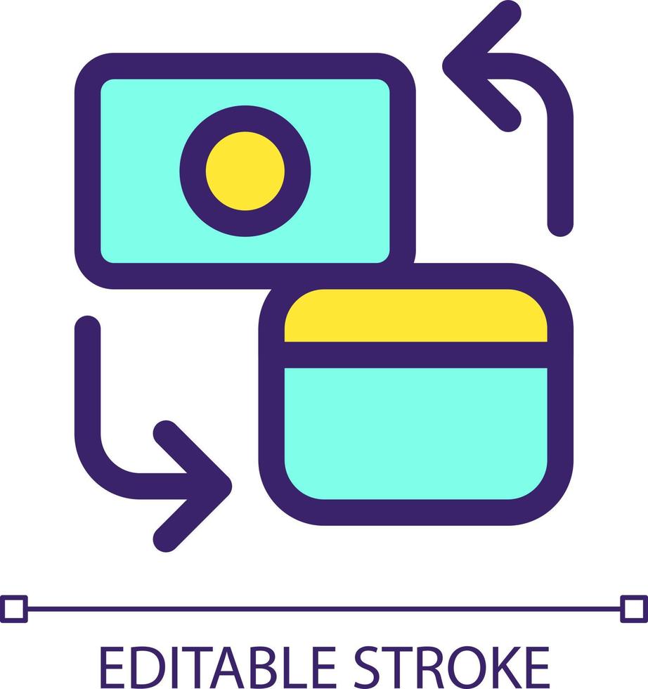 Different banks accounts transfer pixel perfect RGB color ui icon. Payment cards. Simple filled line element. GUI, UX design for mobile app. Vector isolated pictogram. Editable stroke