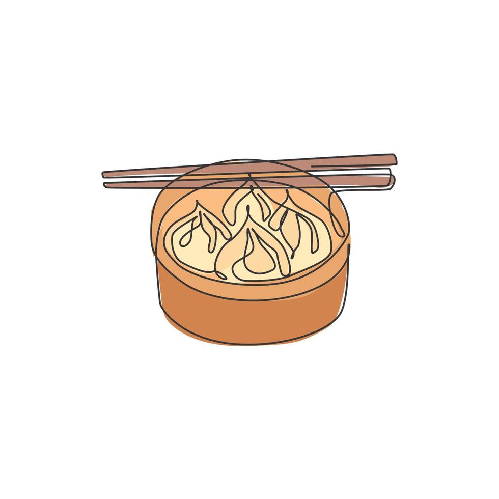 One continuous line drawing of fresh delicious Chinese dumpling restaurant logo emblem. Asian food cafe shop logotype template concept. Modern single line draw design vector illustration graphic
