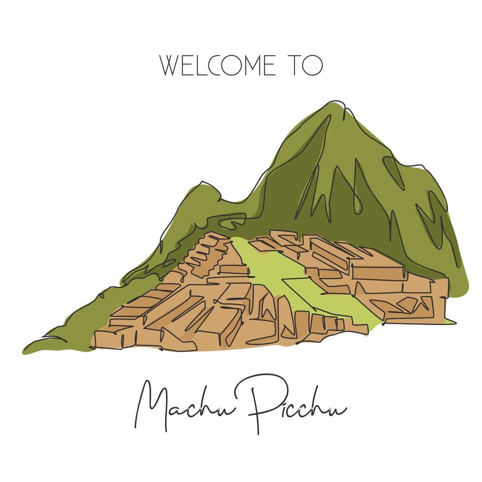 Single continuous line drawing Machu Picchu landmark. Beautiful famous place in Cusco Region Peru. World travel tour home decor wall art poster concept. Modern one line draw design vector illustration