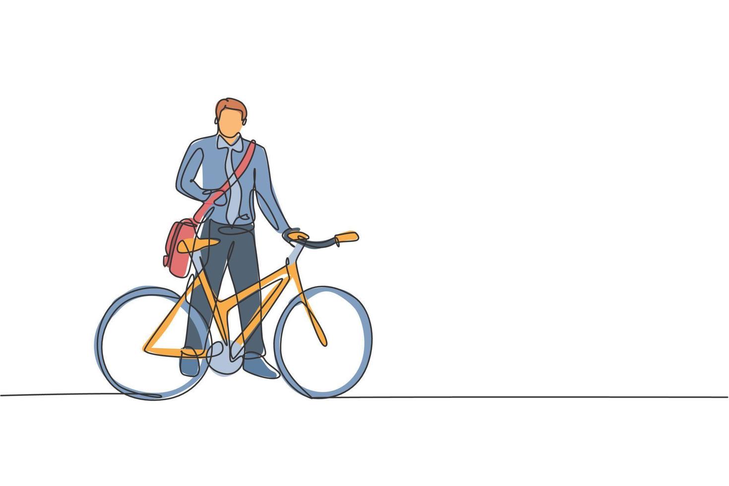 Single continuous line drawing young professional businessman riding bicycle to his company. Bike to work, eco friendly transportation concept. Trendy one line draw design vector graphic illustration