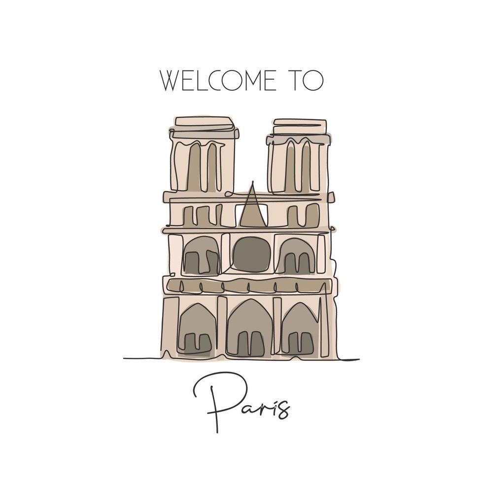 una sola línea dibujando el punto de referencia de notre-dame. lugar famoso mundialmente icónico en parís francia. turismo viaje postal pared hogar decoración cartel arte impresión. ilustración de vector de diseño de dibujo de línea continua moderna