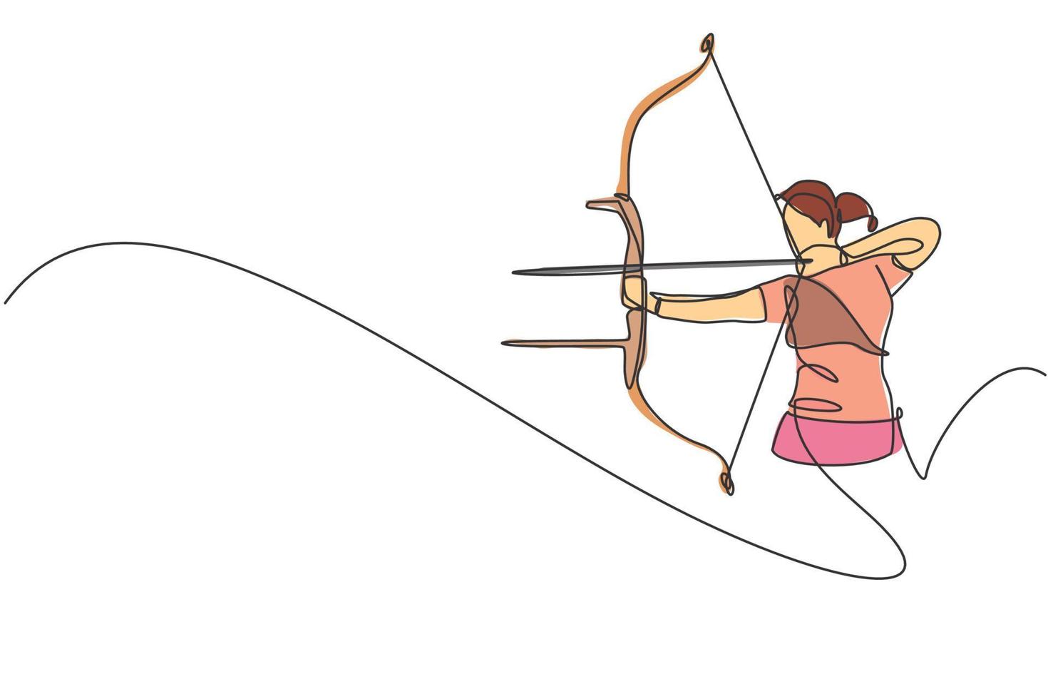 One single line drawing of young archer woman focus exercising archery to hit target graphic vector illustration. Healthy refresh shooting with bow sport concept. Modern continuous line draw design