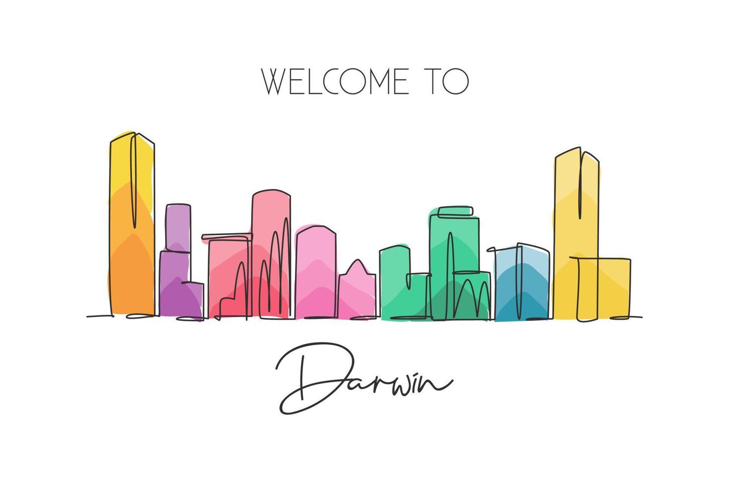 One continuous line drawing of Darwin city skyline, Australia. Beautiful landmark. World landscape tourism travel vacation poster. Editable stylish stroke single line draw design vector illustration