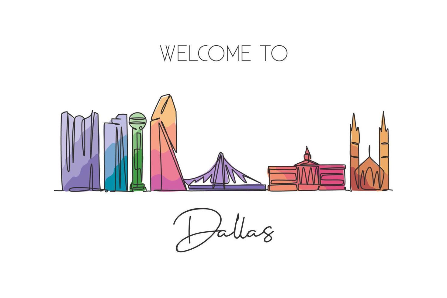 One continuous line drawing of Dallas city skyline, United States of America. Beautiful landmark. World landscape travel vacation. Editable stylish stroke single line draw design vector illustration