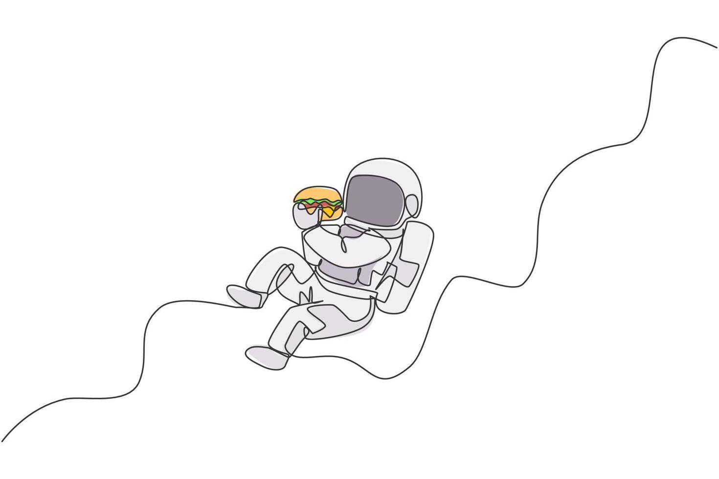 One single line drawing of astronaut flying in cosmos galaxy while eating spicy delicious burger vector graphic illustration. Fantasy outer space life concept. Modern continuous line draw design