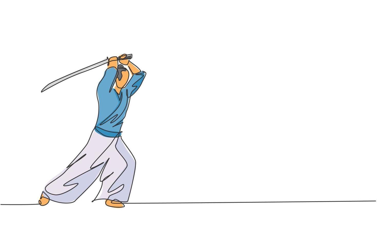 un dibujo de línea continua de la pose de guerrero samurai de valentía joven listo para atacar en la sesión de entrenamiento. concepto de deporte de combate de artes marciales. Ilustración de vector de diseño gráfico de dibujo de línea única dinámica