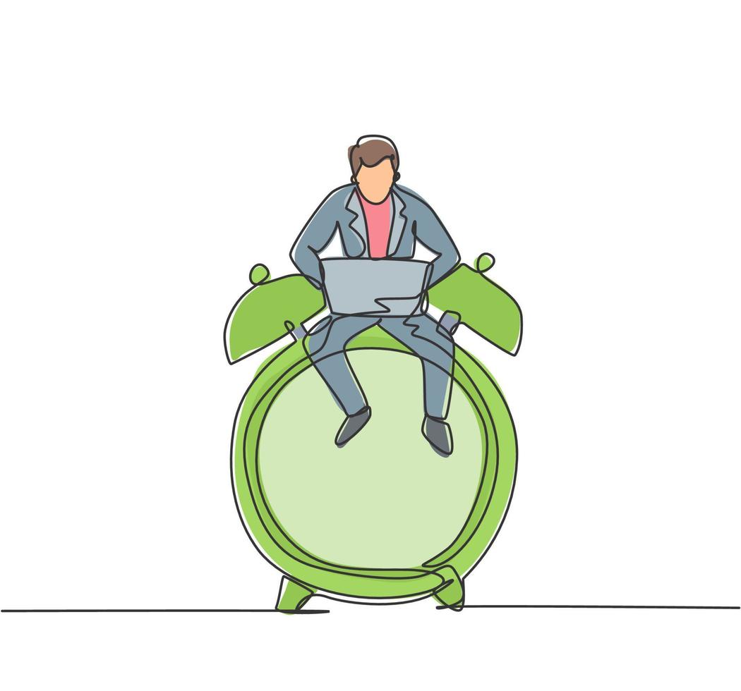Single one line drawing of young business man sitting on big analog alarm clock and typing on laptop. Business time discipline metaphor concept. Continuous line draw design graphic vector illustration