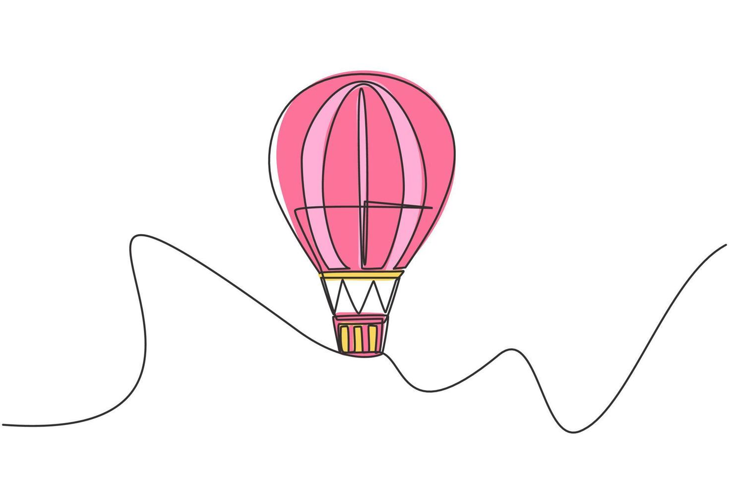 Single one line drawing of hot air balloon with stripe pattern and a passenger basket flying high into the sky. Vacation experience . Modern continuous line draw design graphic vector illustration.