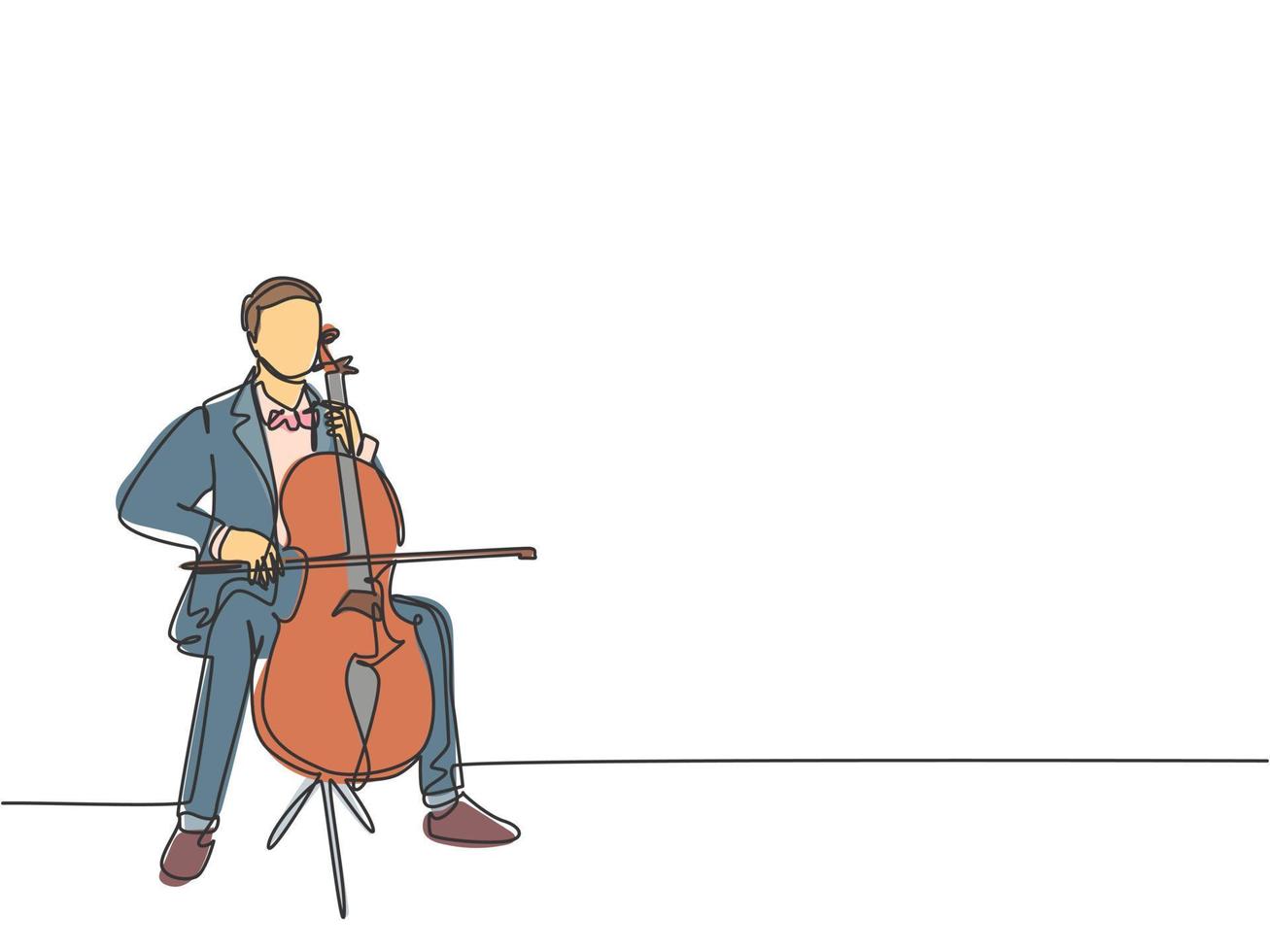 un dibujo de una sola línea de un joven violonchelista masculino feliz tocando el violonchelo en el teatro de orquesta clásica. Músico artista concepto de rendimiento línea continua dibujar diseño gráfico ilustración vectorial vector