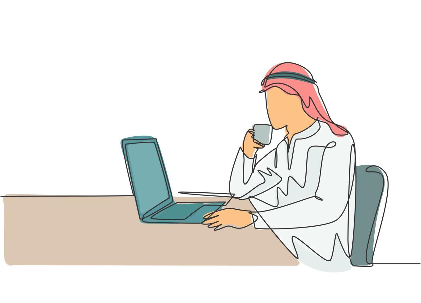 One continuous line drawing of young muslim marketing manager reading sales report from team member. Saudi Arabian male with shmag, kandora, headscarf, thobe, ghutra. One line draw design illustration vector