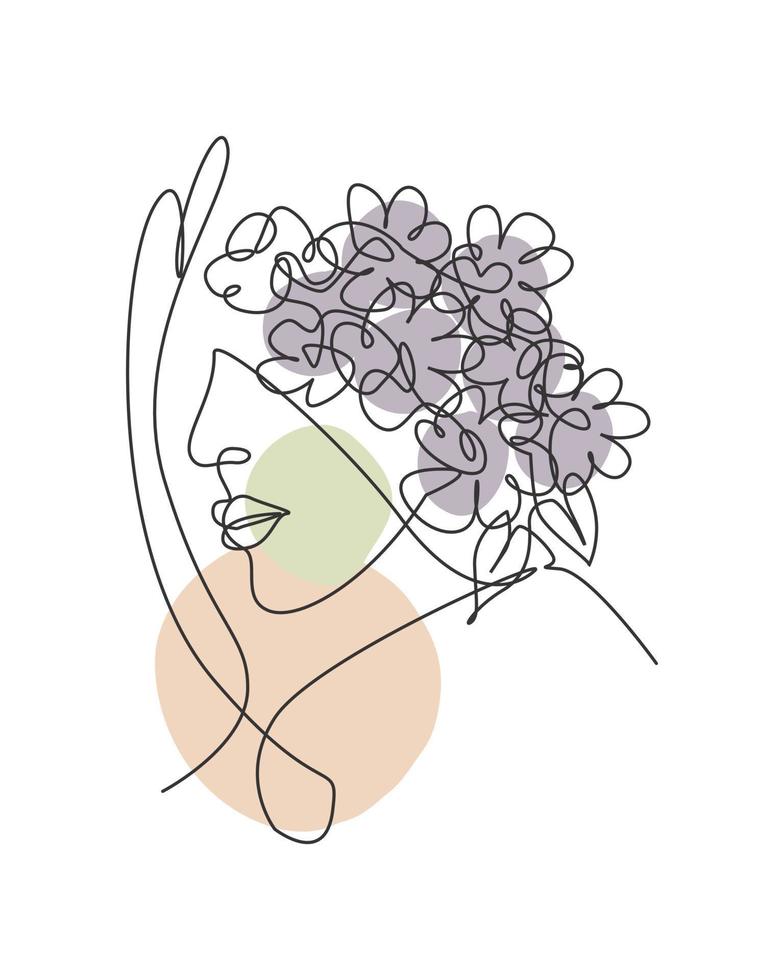 One single line drawing abstract face with natural flowers vector illustration. Beauty woman portrait minimalistic style concept for wall decor art print. Modern continuous line graphic draw design