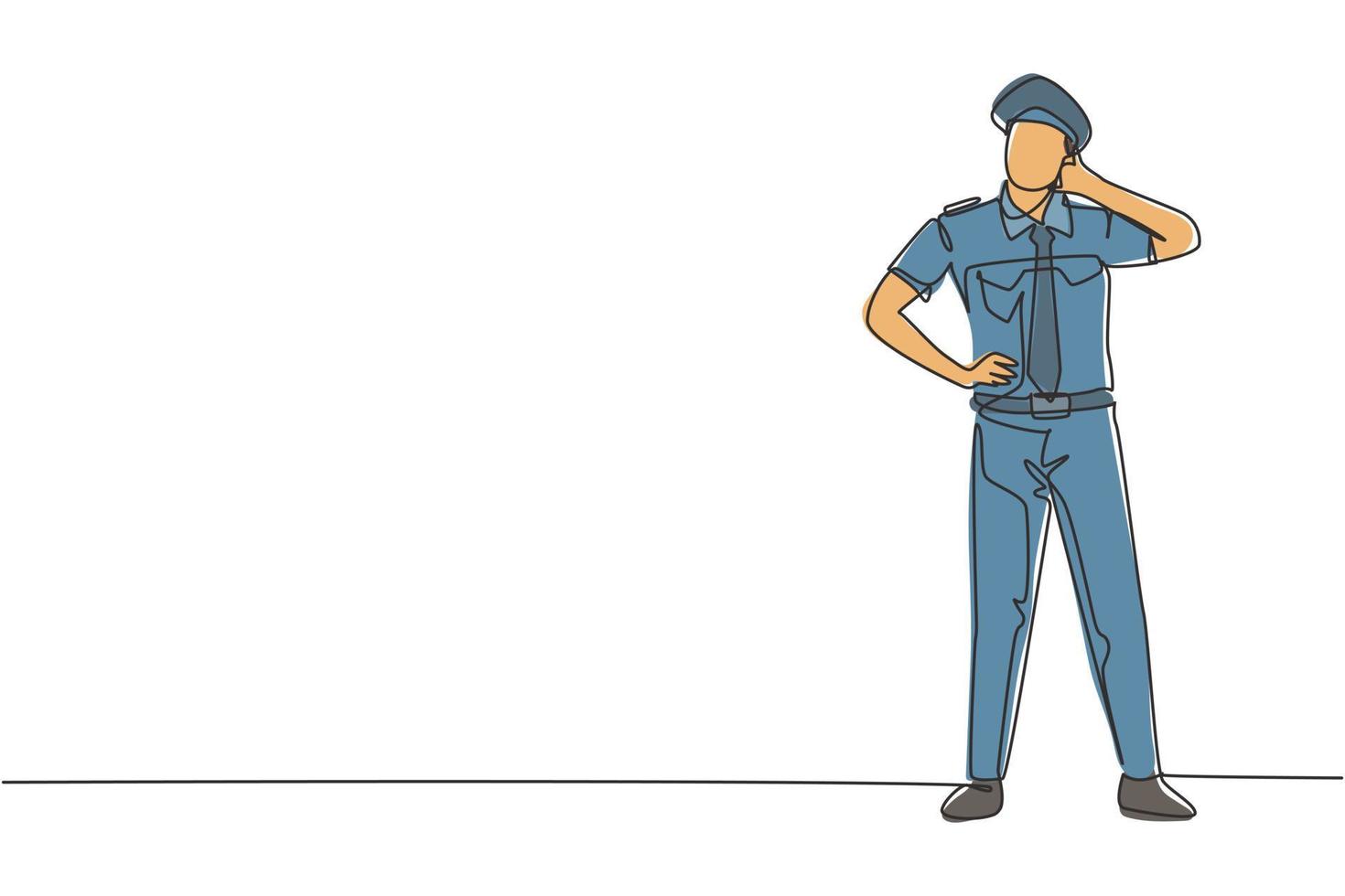 Single continuous line drawing pilot stands with call me gesture and complete uniform serves airplane passengers fly to destination. Professional job. One line draw graphic design vector illustration