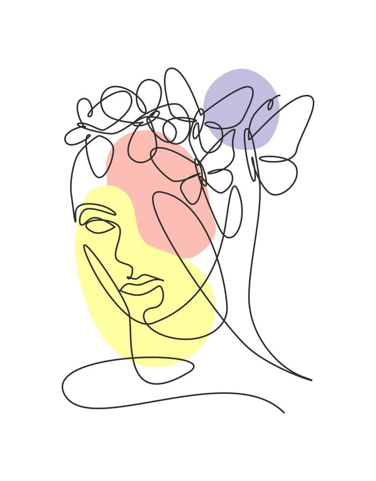 One single line drawing woman with butterfly line art vector illustration. Female abstract face butterfly wings portrait minimalistic fashion style concept. Modern continuous line graphic draw design