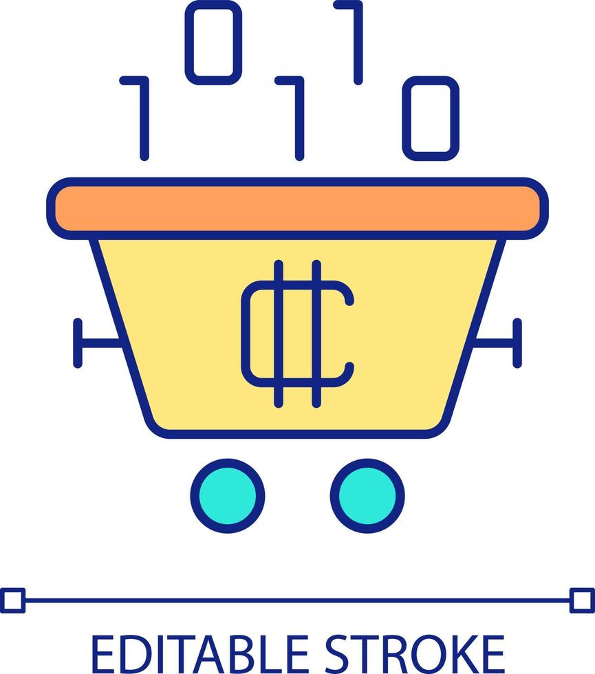 Cryptocurrency mining RGB color icon. Cart and binary code. Blockchain technology. Digital coin. Isolated vector illustration. Simple filled line drawing. Editable stroke