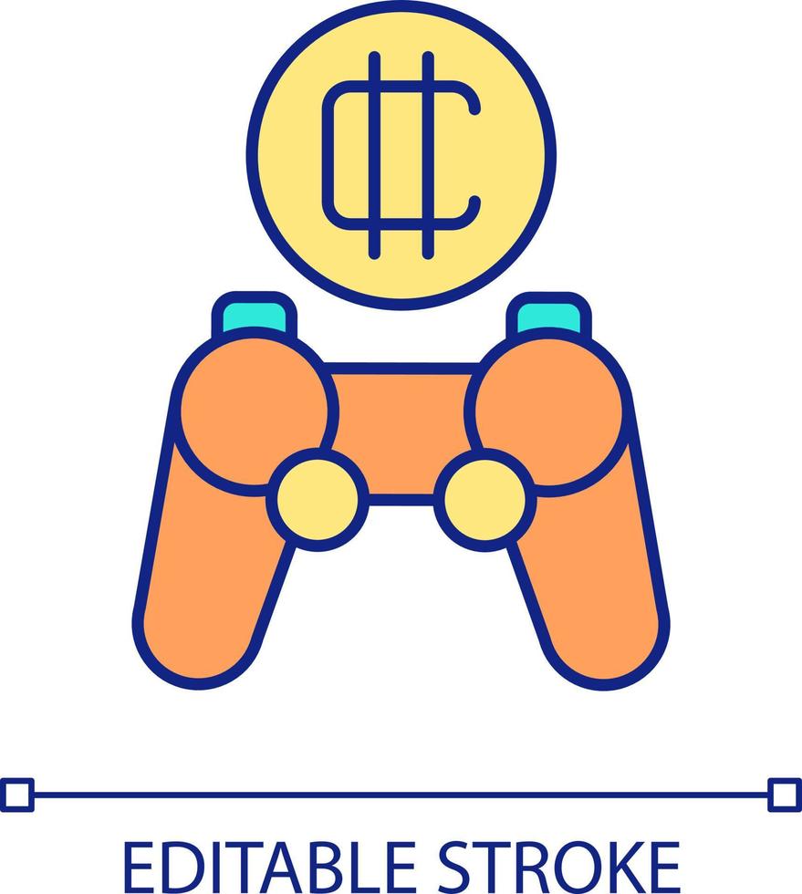 Play videogame and get cryptocurrency RGB color icon. Way to earn free virtual tokens. Gamers profit. Isolated vector illustration. Simple filled line drawing. Editable stroke