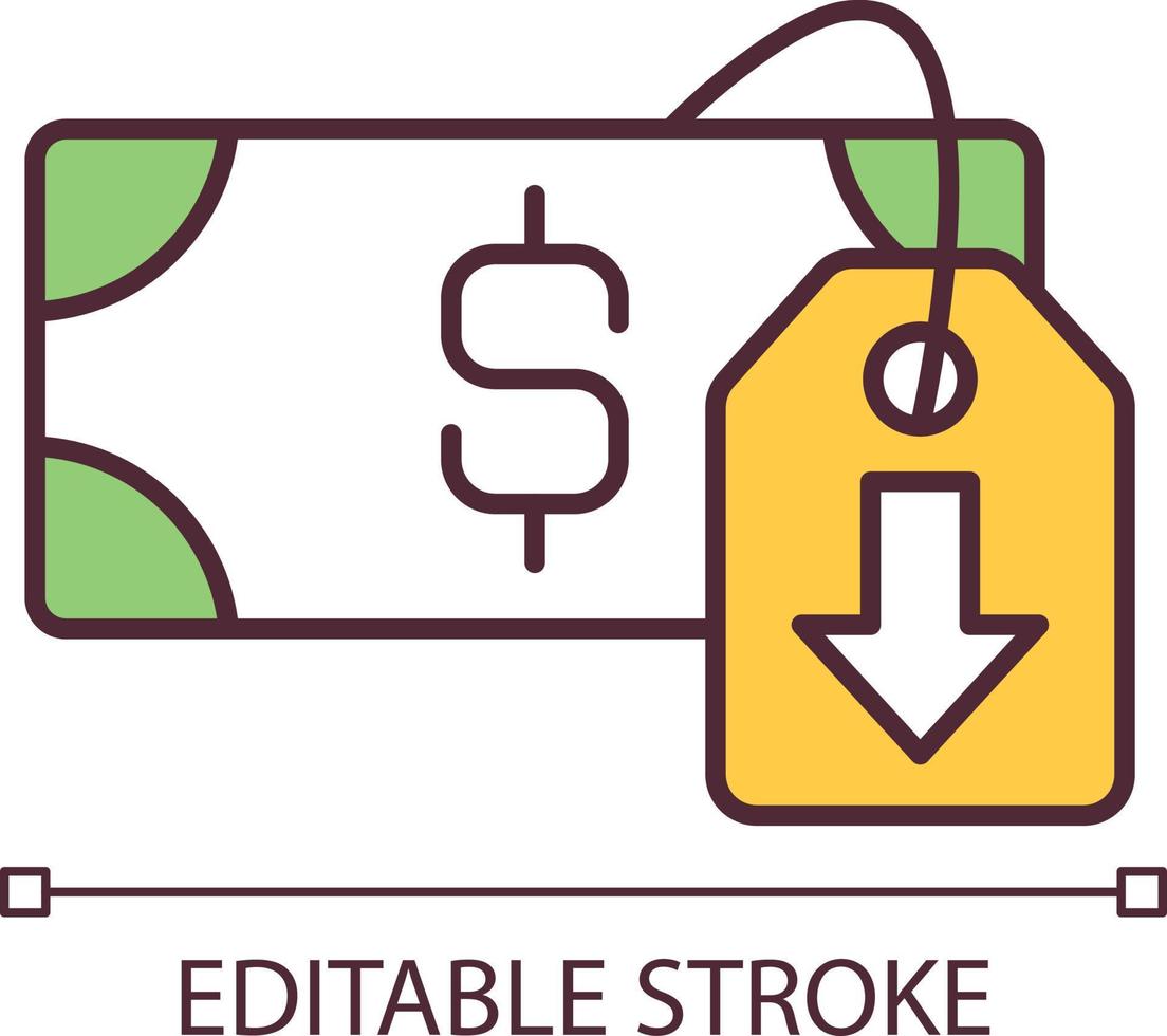 Decreasing currency value RGB color icon. Worthless money and inflation. Economic issue. Financial crisis. Isolated vector illustration. Simple filled line drawing. Editable stroke