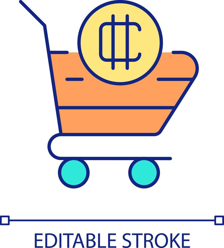 Buying cryptocurrency RGB color icon. Shopping cart and digital token. Stock market service. Isolated vector illustration. Simple filled line drawing. Editable stroke