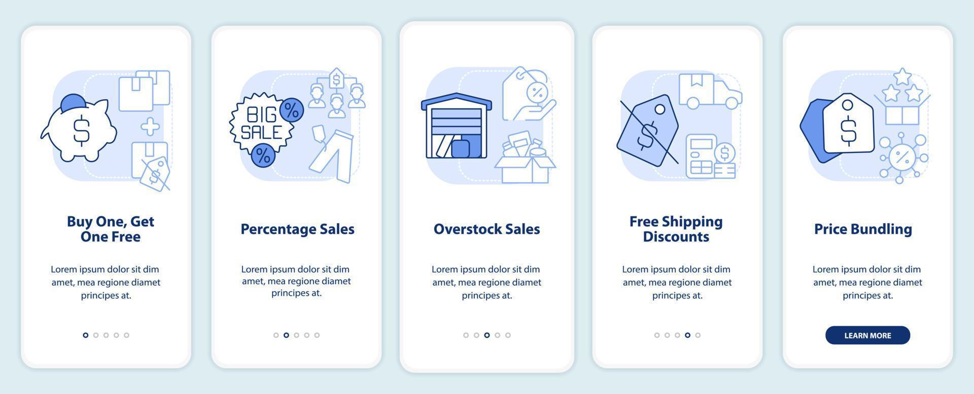 Types of discounts light blue onboarding mobile app screen. Sales walkthrough 5 steps editable graphic instructions with linear concepts. UI, UX, GUI template vector