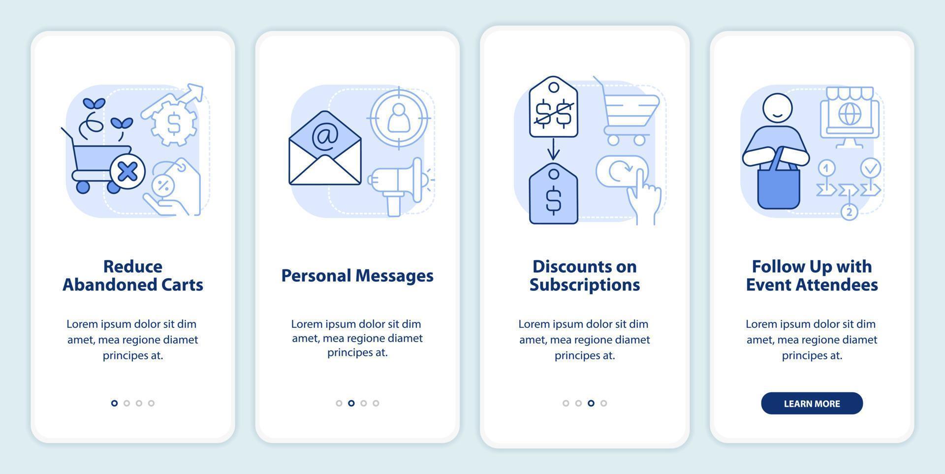 Strategy of discount light blue onboarding mobile app screen. Business walkthrough 4 steps editable graphic instructions with linear concepts. UI, UX, GUI template vector