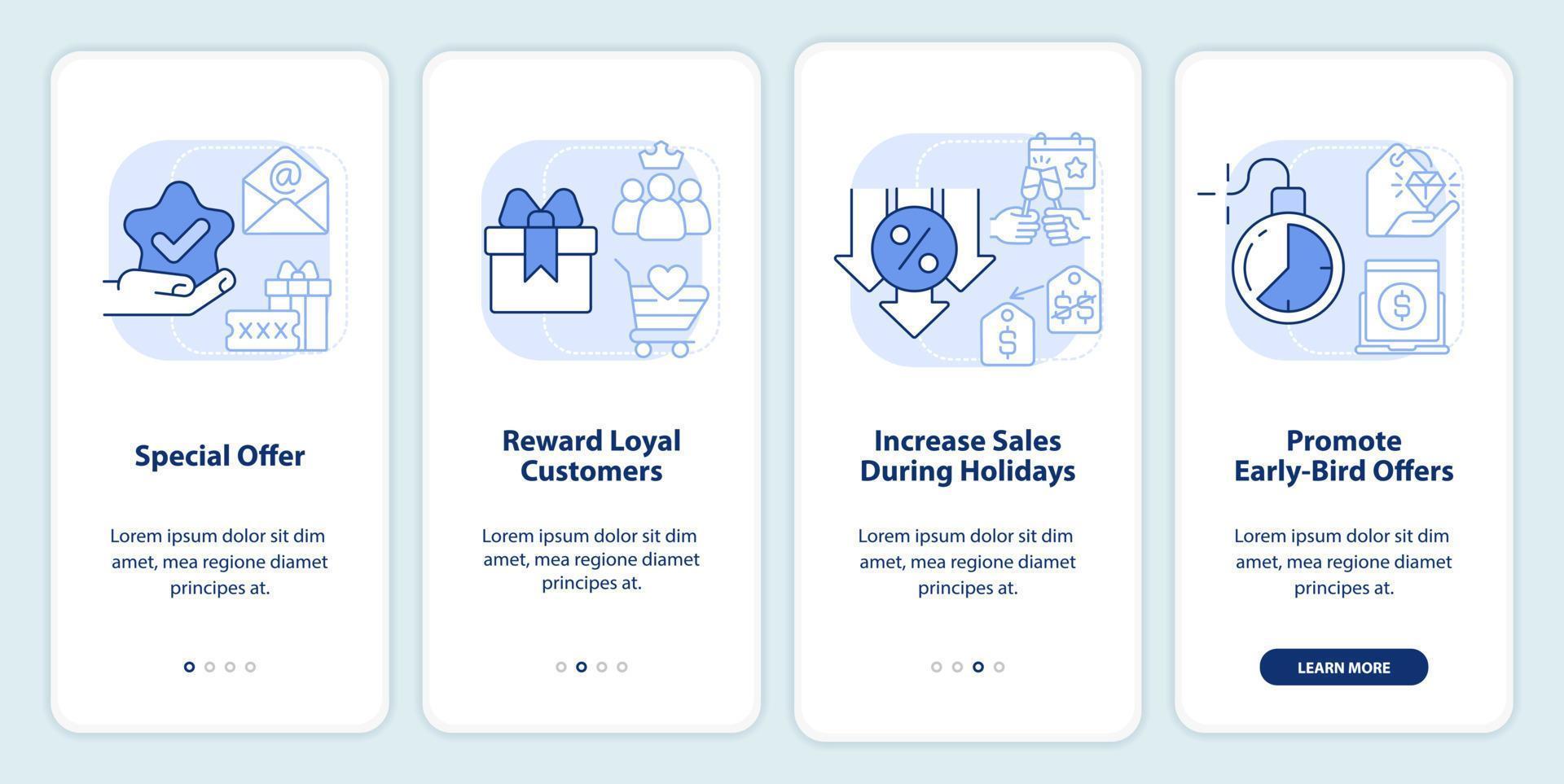 Discount policy light blue onboarding mobile app screen. Marketing walkthrough 4 steps editable graphic instructions with linear concepts. UI, UX, GUI template vector