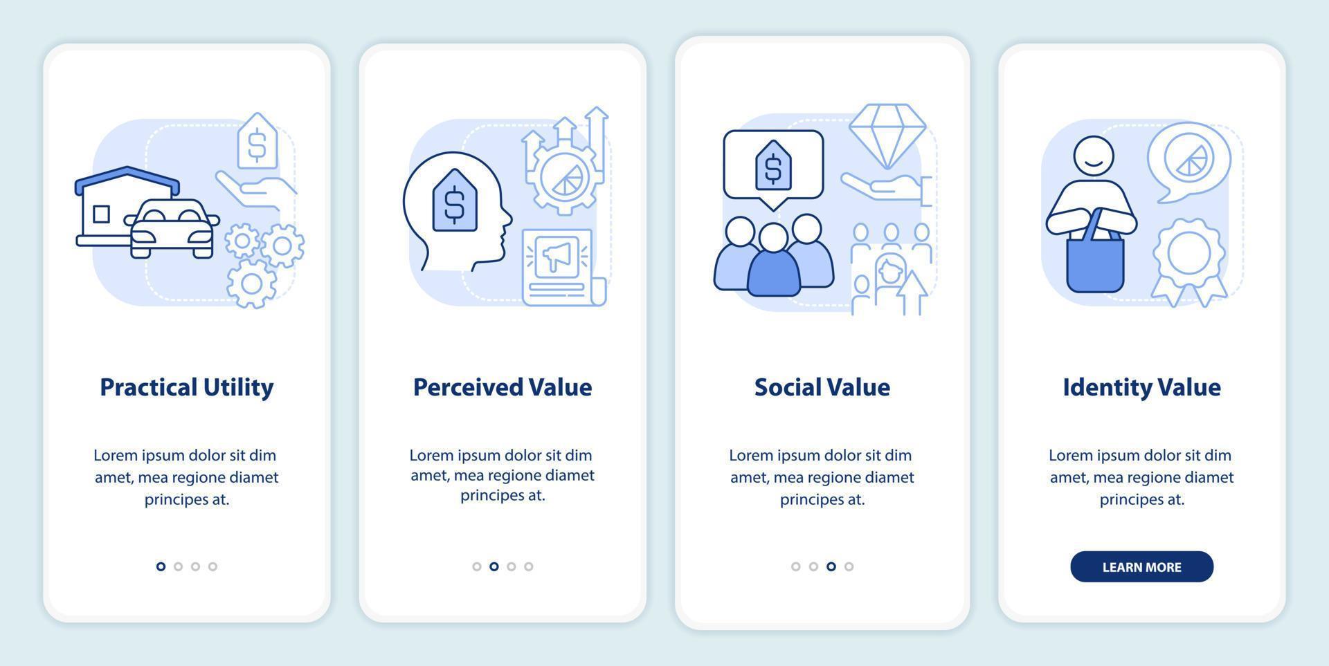 Product values light blue onboarding mobile app screen. Business walkthrough 4 steps editable graphic instructions with linear concepts. UI, UX, GUI template vector