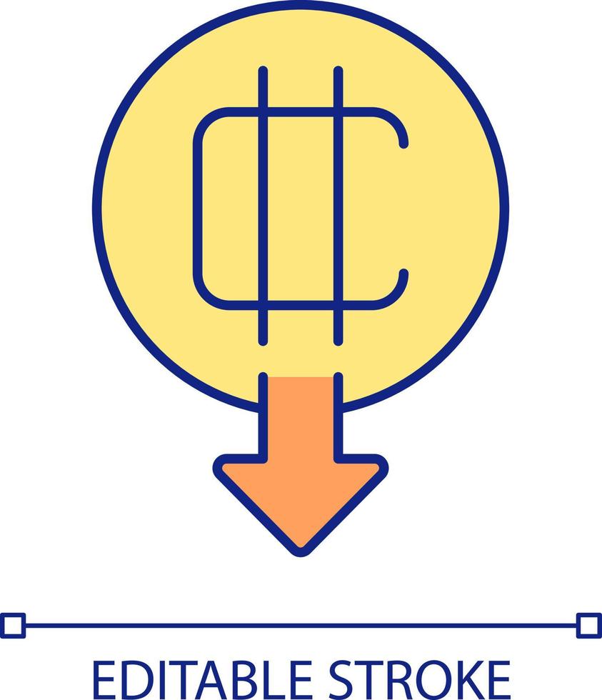 Cryptocurrency prices falling RGB color icon. Digital coin rate. Stock market trading. Virtual finance. Isolated vector illustration. Simple filled line drawing. Editable stroke