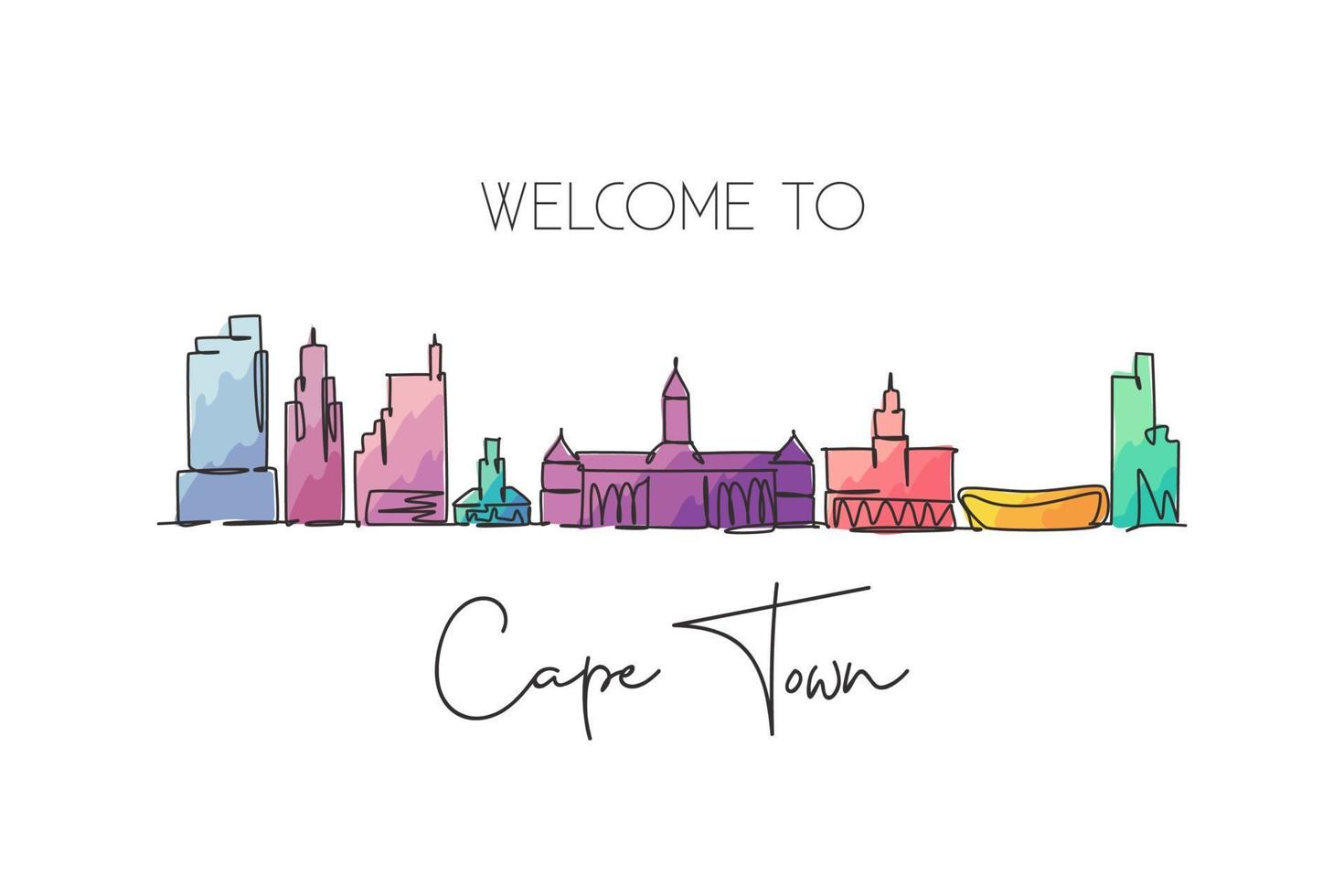 Single continuous line drawing of Cape Town skyline, South Africa. Famous city scraper landscape. World travel concept home wall decor poster print art. Modern one line draw design vector illustration