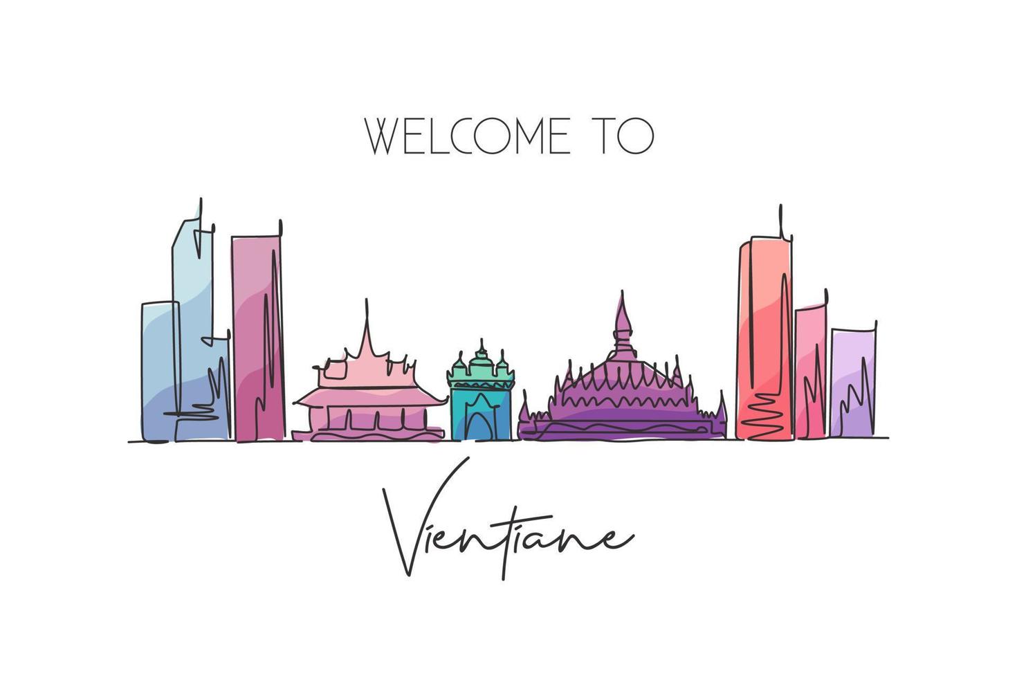 Single continuous line drawing Vientiane city skyline, Laos. Famous city scraper landscape postcard. World travel destination concept. Editable stroke modern one line draw design vector illustration