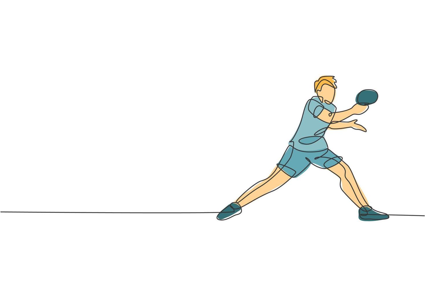 un dibujo de línea continua de un joven jugador deportivo de tenis de mesa sostiene la pelota del oponente. concepto de deporte competitivo. ilustración vectorial de diseño de dibujo de una sola línea para el cartel del campeonato de ping pong vector