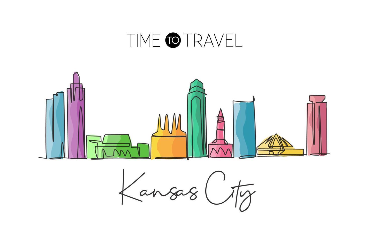 One continuous line drawing of Kansas city skyline, USA. Beautiful landmark. World landscape tourism travel vacation poster print. Editable stylish stroke single line draw design vector illustration