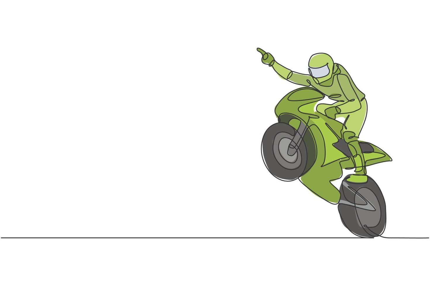 un dibujo de línea continua de un joven motociclista celebra la victoria levantando la mano. Ilustración de vector de concepto de carreras de super bicicleta. diseño dinámico de dibujo de una sola línea para el cartel de promoción de carreras de motos