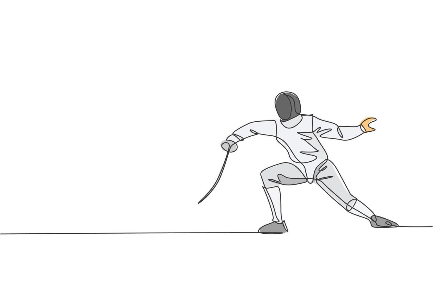 un dibujo de una sola línea de un joven atleta esgrimista disfrazado de esgrima ejerciendo movimiento en la ilustración vectorial de la arena deportiva. concepto de deporte combativo y de lucha. diseño moderno de dibujo de línea continua vector