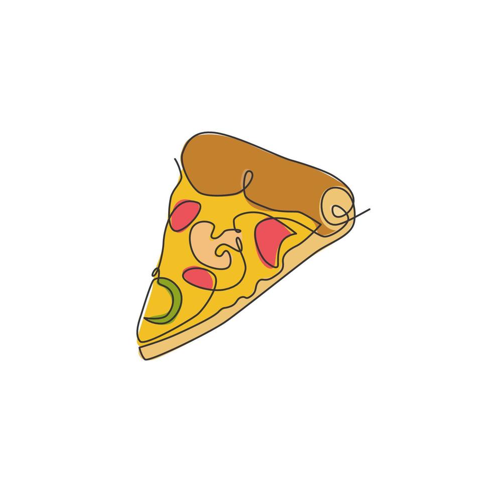 un dibujo de línea continua de la insignia del logotipo del restaurante pizzería italiano fresco y delicioso. concepto de plantilla de logotipo de tienda de café de pizza de comida rápida de italia. ilustración de vector de diseño de dibujo de línea única moderna