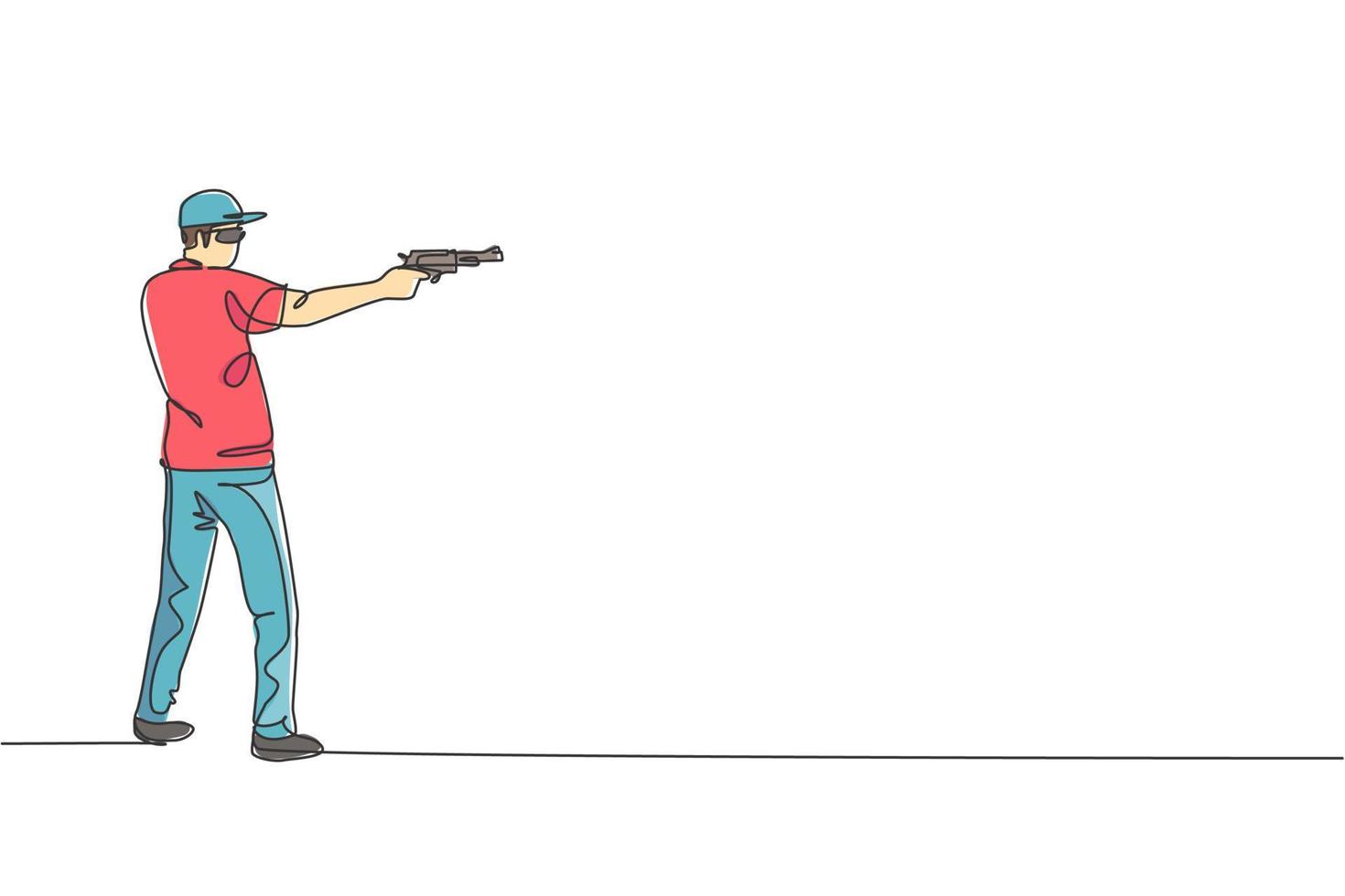 One single line drawing of young man practicing to shot target in range on shooting training ground vector graphic illustration. Clay pigeon shooting sport concept. Modern continuous line draw design