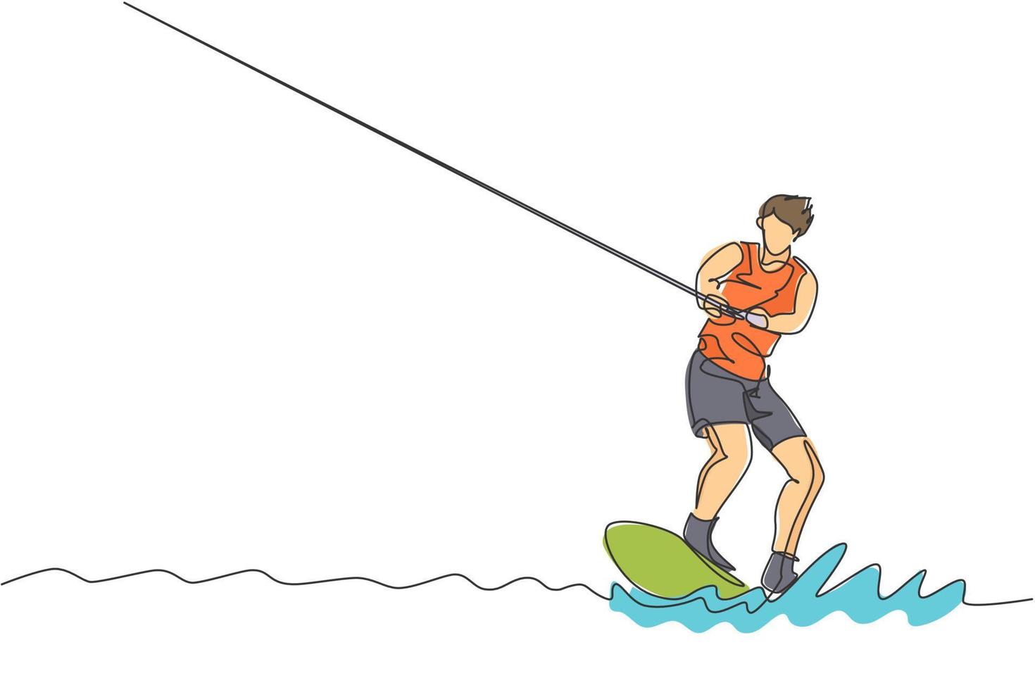 un dibujo de línea continua de un joven enérgico divertido jugar wakeboard en el océano. concepto de deporte de estilo de vida saludable. felices vacaciones turísticas. Ilustración de vector de diseño de dibujo de línea única dinámica